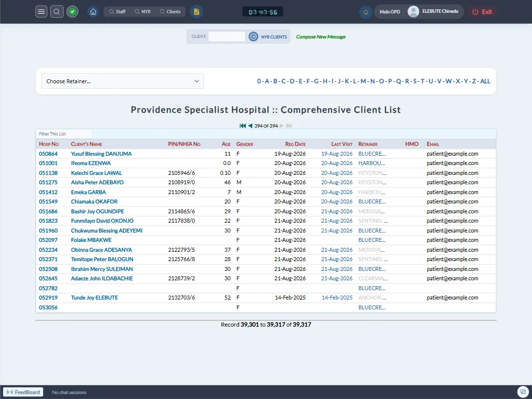 Comprehensive client register with retainer and A-Z search